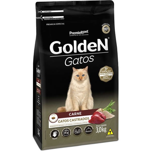 Ração Golden para Gatos Adultos Castrados Sabor Carne - 3kg