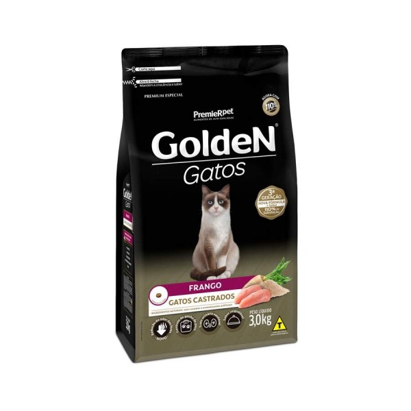 Ração Golden para Gatos Adultos Castrados Sabor Frango - 3kg