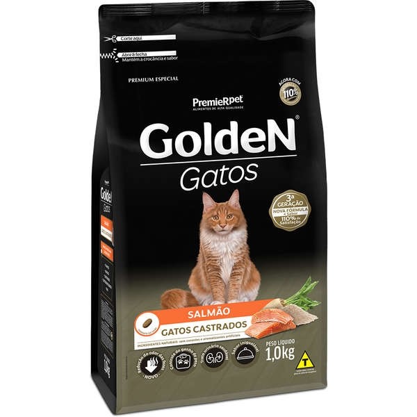 Ração Golden para Gatos Adultos Castrados Sabor Salmão - 1kg 