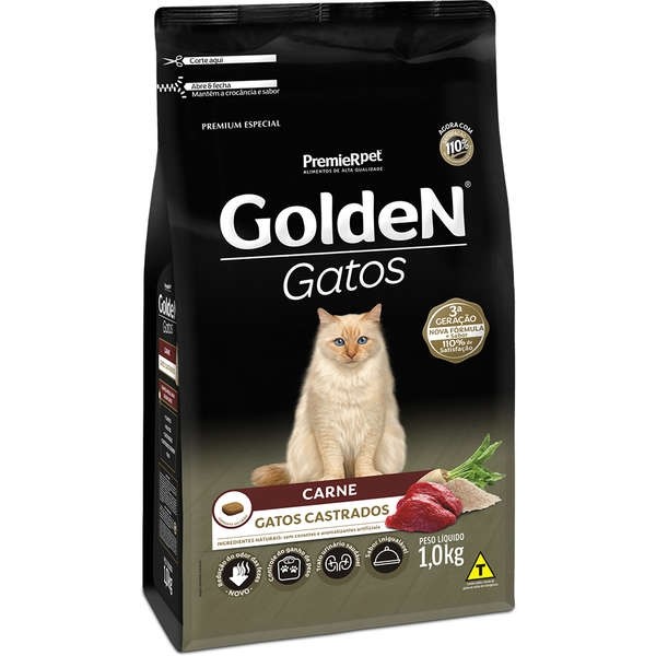 Ração Golden para Gatos Adultos Castrados Sabor Carne - 1kg