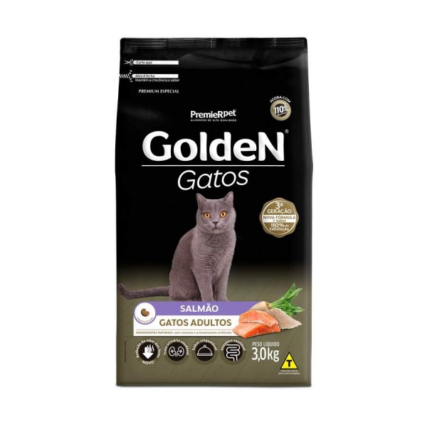 Ração Golden para Gatos Adultos Sabor Salmão - 3kg
