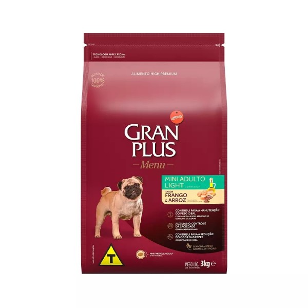 Ração GranPlus Menu Light Para Cães Adultos de Porte Mini Sabor Frango e Arroz 3kg