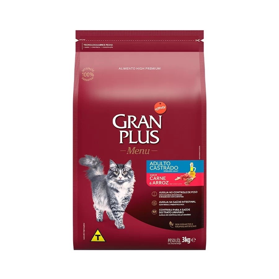 Ração GranPlus para Gatos Adultos Castrados sabor Carne e Arroz 3kg